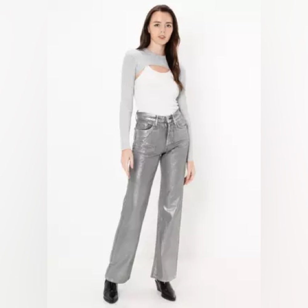 NWT Zara Silver Metallic wide leg Jeans size 0 - Picture 2 of 8